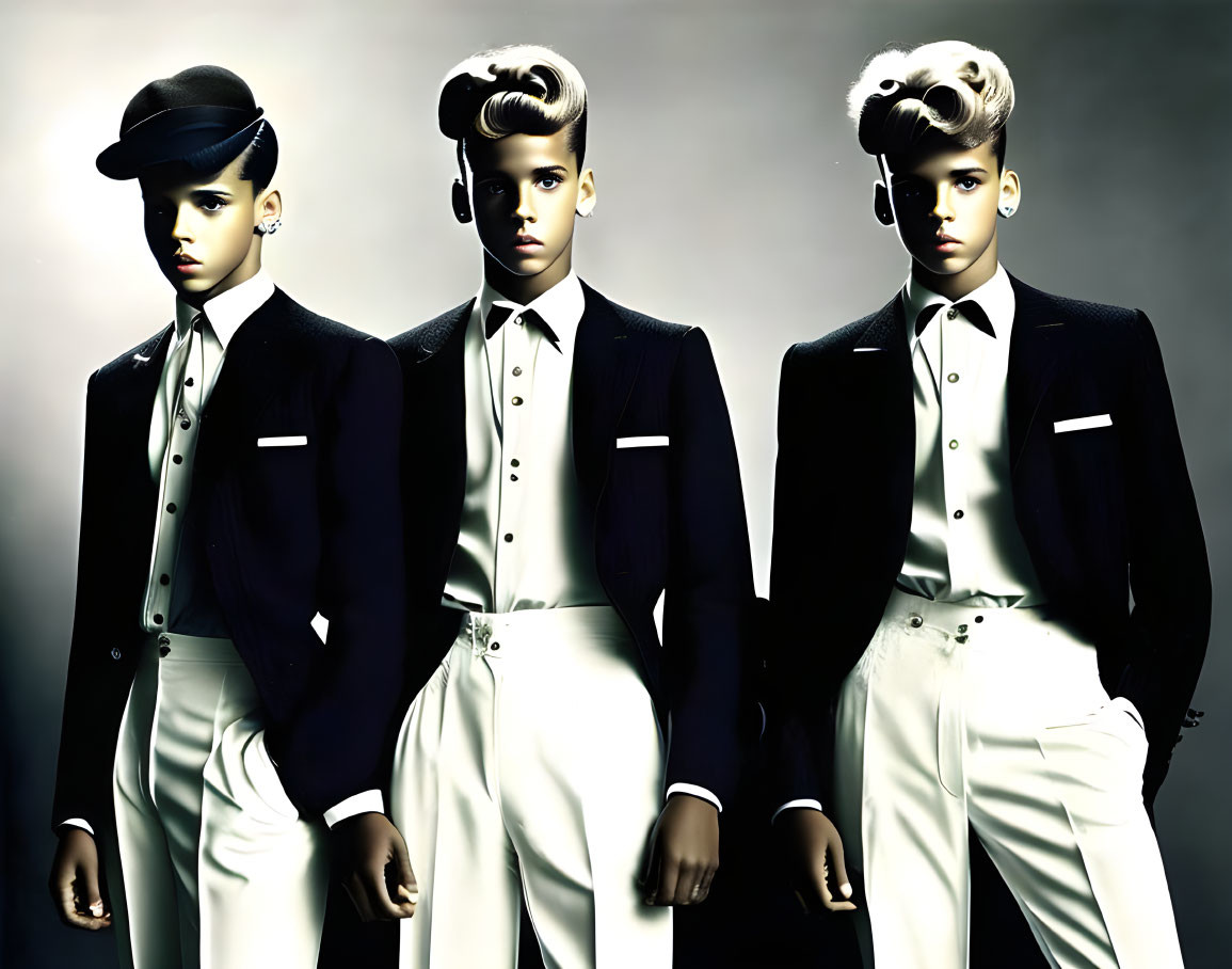 Vintage Hairstyle Mannequins in Classic Suits on Dark Background