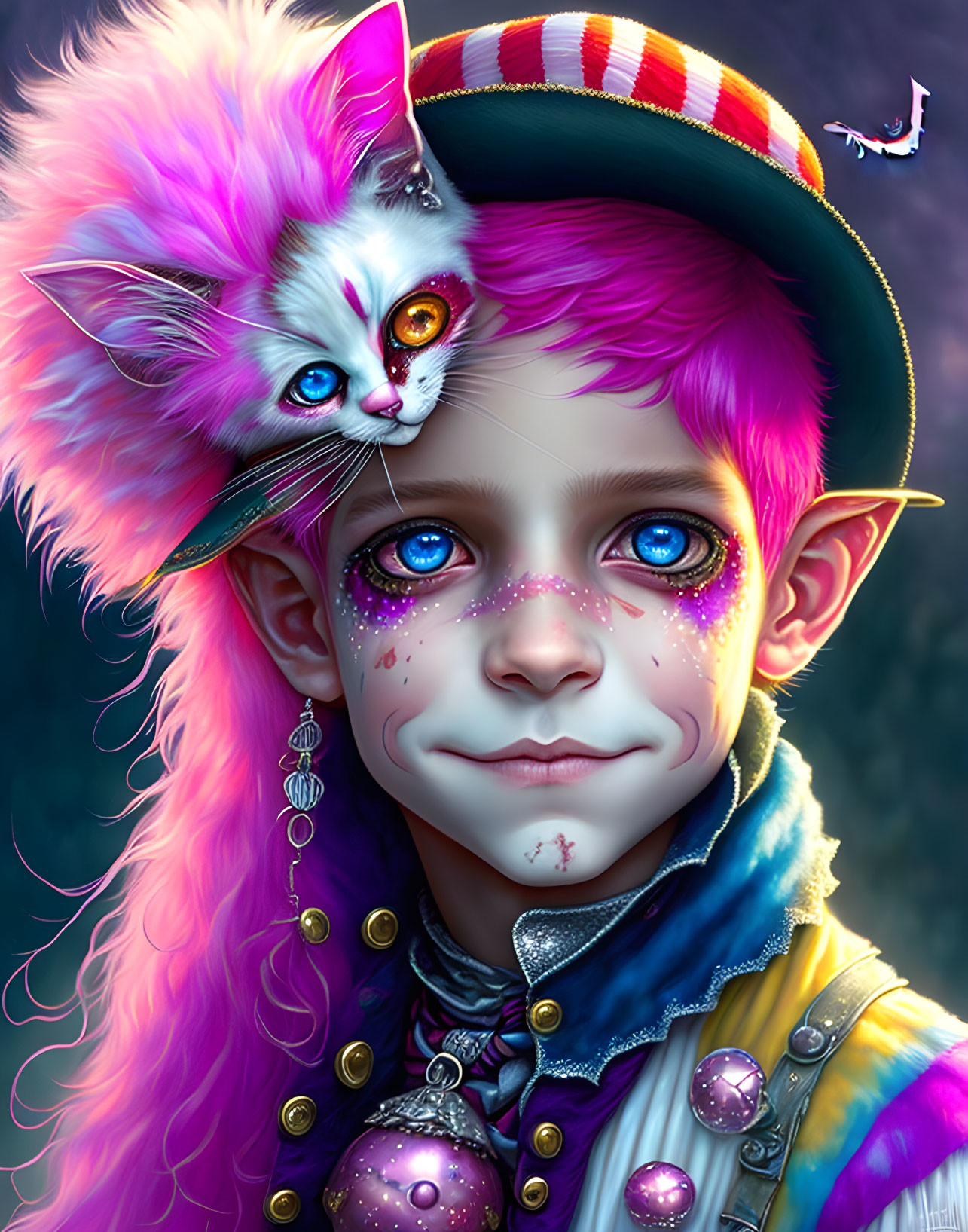 Vibrant digital painting of whimsical boy with pointy ears and colorful features