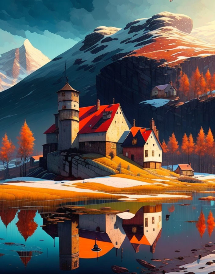 Medieval stone fortress by tranquil lake with autumn trees and snowy mountains