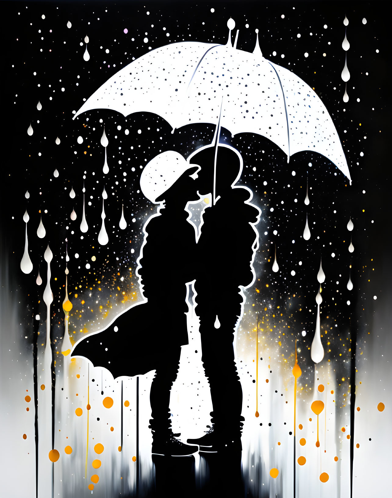 Silhouette of couple kissing under umbrella with stylized raindrops