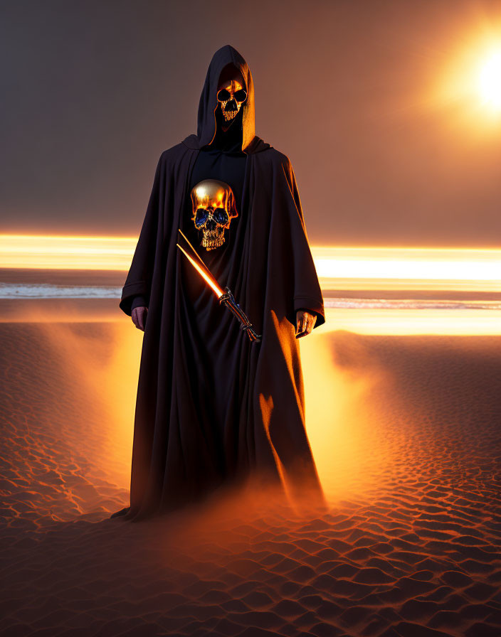 Mysterious figure in black cloak with skull mask and sword on sandy beach at sunset