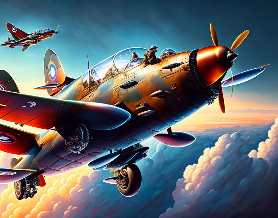 Illustration of WWII Fighter Planes Flying at Sunset