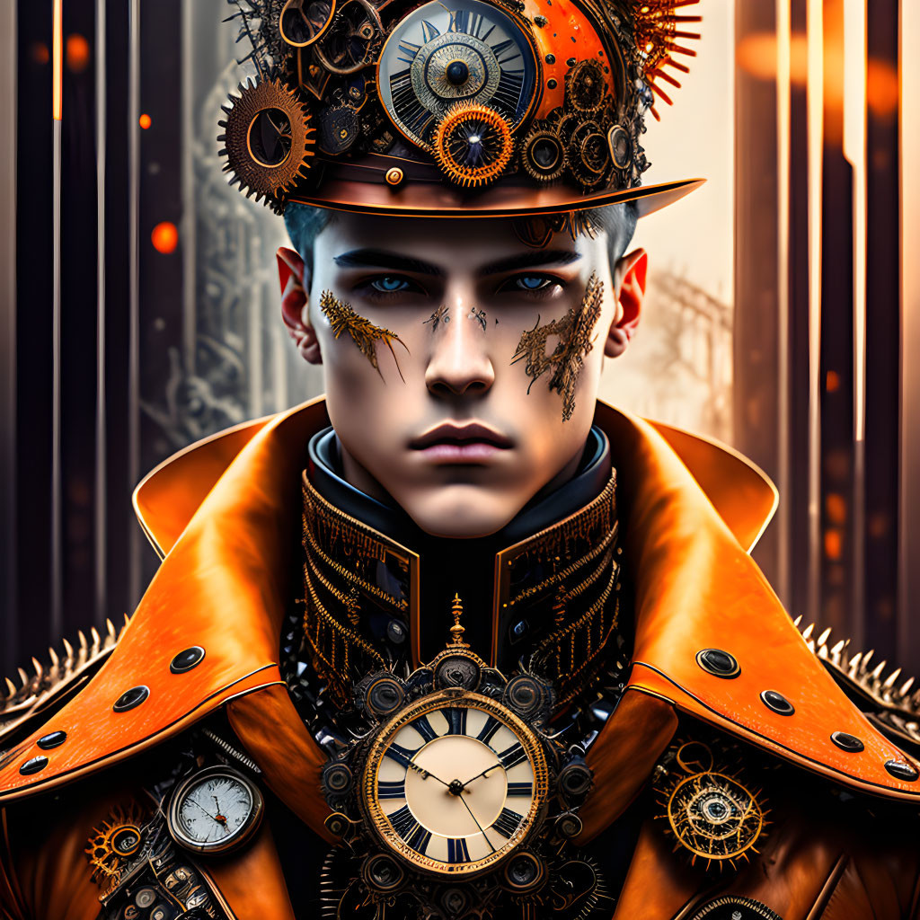 Steampunk-inspired digital art portrait with gears, clock, and metallic accents