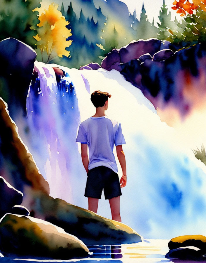 Scenic view of person by serene waterfall