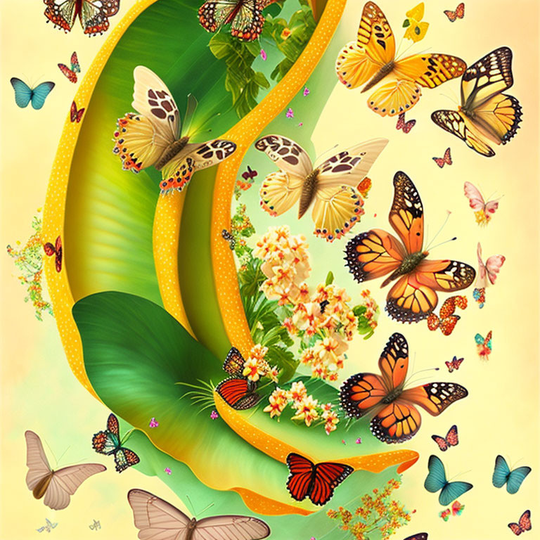 Colorful butterfly and leaf artwork with pink flowers on yellow background