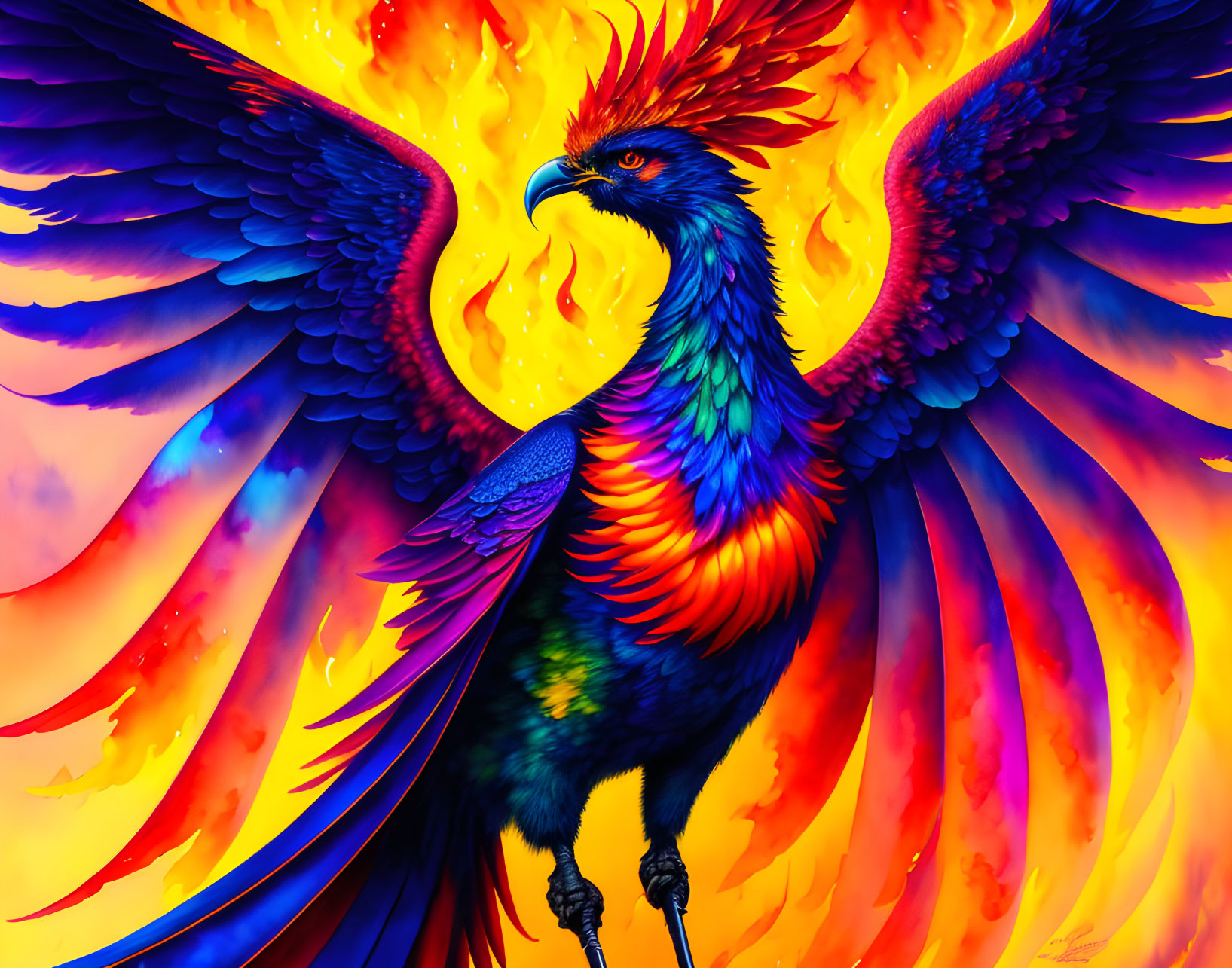 Colorful Phoenix Artwork with Fiery Mane and Multicolored Wings