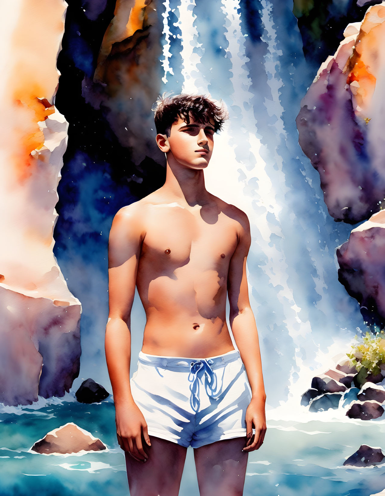 Young man in white swim trunks standing by waterfall under sunlight