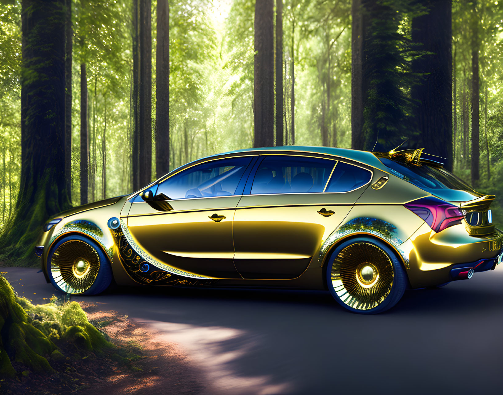 Golden luxury car with intricate patterns on forest road under sunbeams