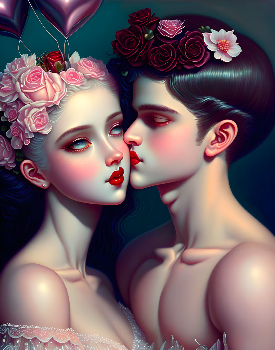 Romantic digital artwork of two characters in a floral setting