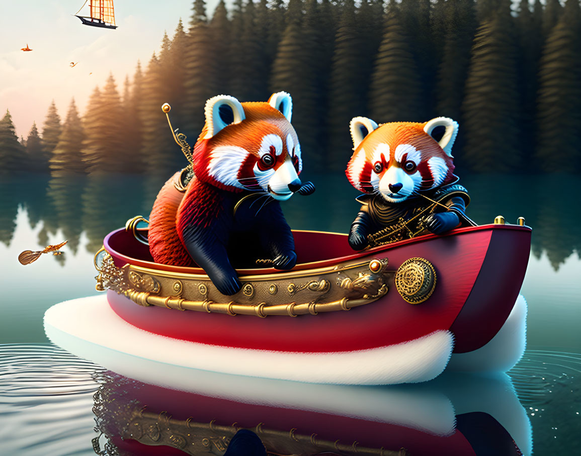 Animated red pandas in pirate outfits sailing on red boat in serene lake