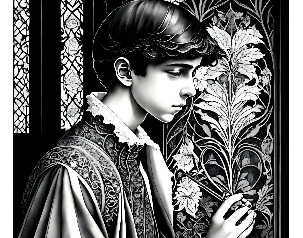 Monochrome Renaissance-style youth in profile with ruffled collar against stained glass.