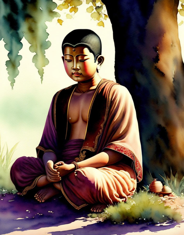 Serene meditating figure in purple robes under tree with halo