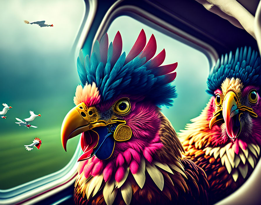 Vibrant birds with human-like expressions in airplane window scene