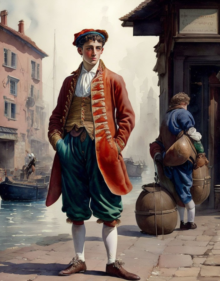 Historical painting of man in red jacket and green breeches in cobblestone street by waterway