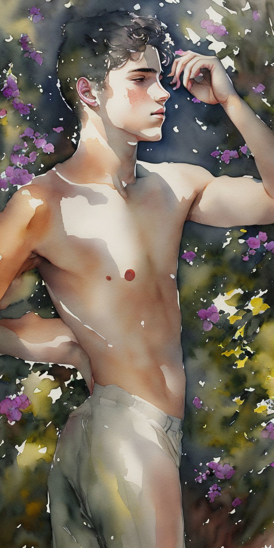 Shirtless Young Man in Greenery and Pink Flowers