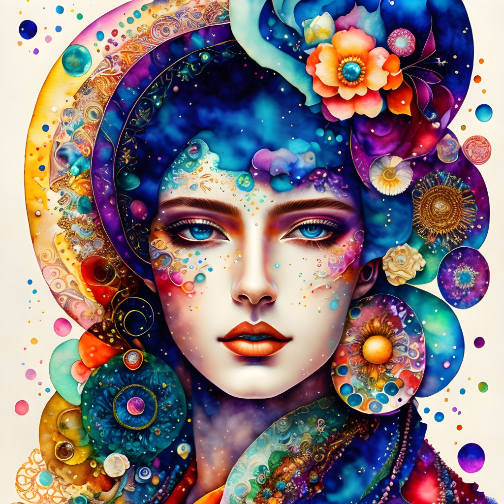 Colorful Woman's Face Illustration with Cosmic and Floral Motifs