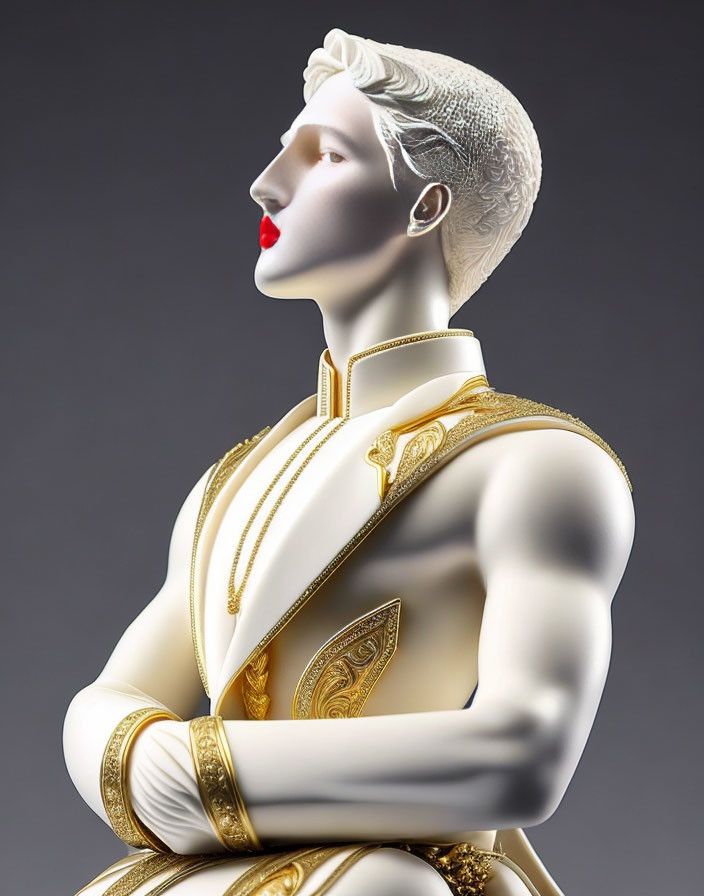 Stylized mannequin in white and gold jacket with red lips and slicked-back hair against