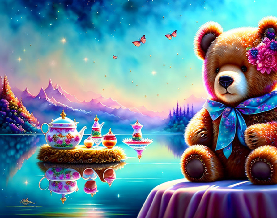 Whimsical teddy bear illustration by reflective water with teacups, starry landscape.