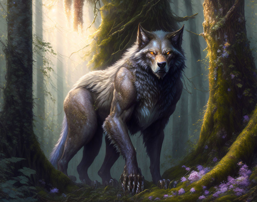 Majestic wolf in sunlit mystical forest with moss and flowers