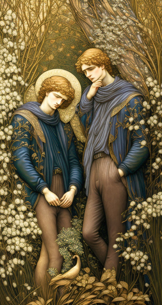 Art Nouveau style illustration of two figures with halos in floral setting.