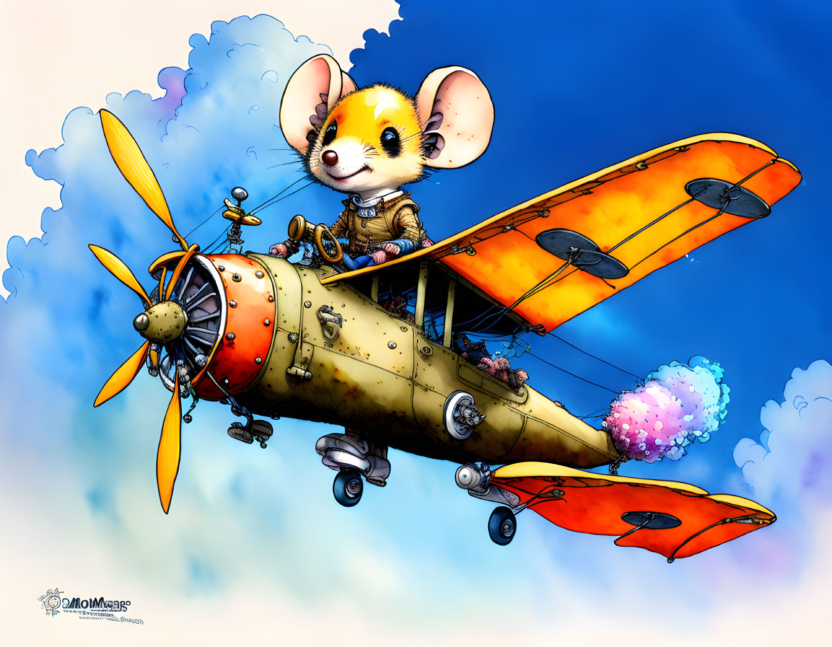 Colorful Vintage Airplane Piloted by Animated Mouse in Fluffy Clouds