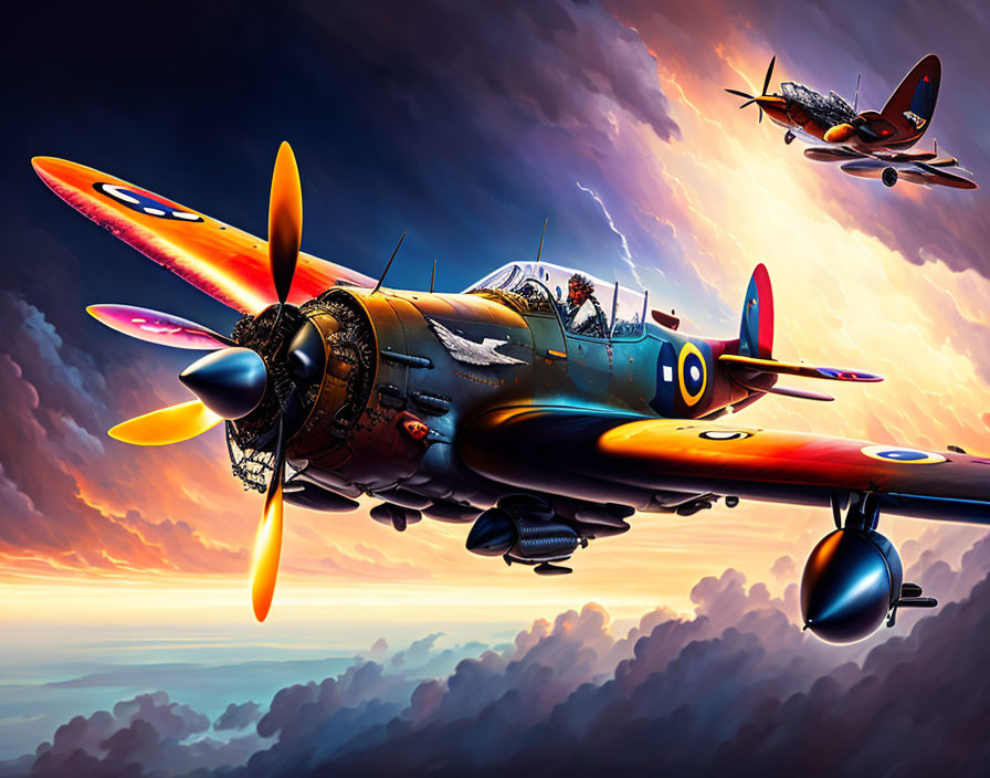 Vintage Fighter Planes Flying Together in Dramatic Sunset Sky