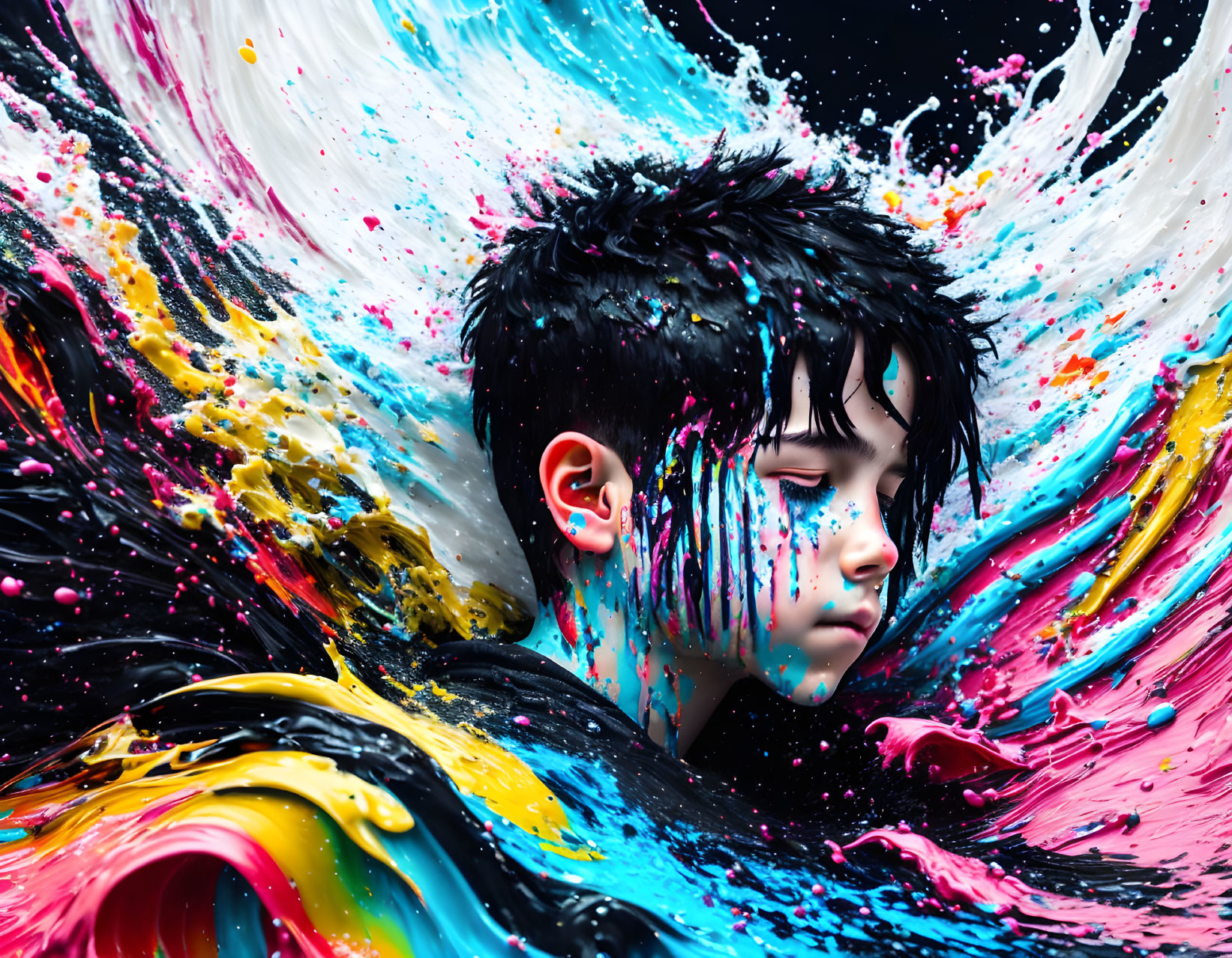 Person with Closed Eyes Surrounded by Vibrant Colors on Dark Background