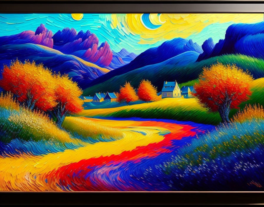 Colorful landscape painting with swirling sky and vibrant trees against purple hills