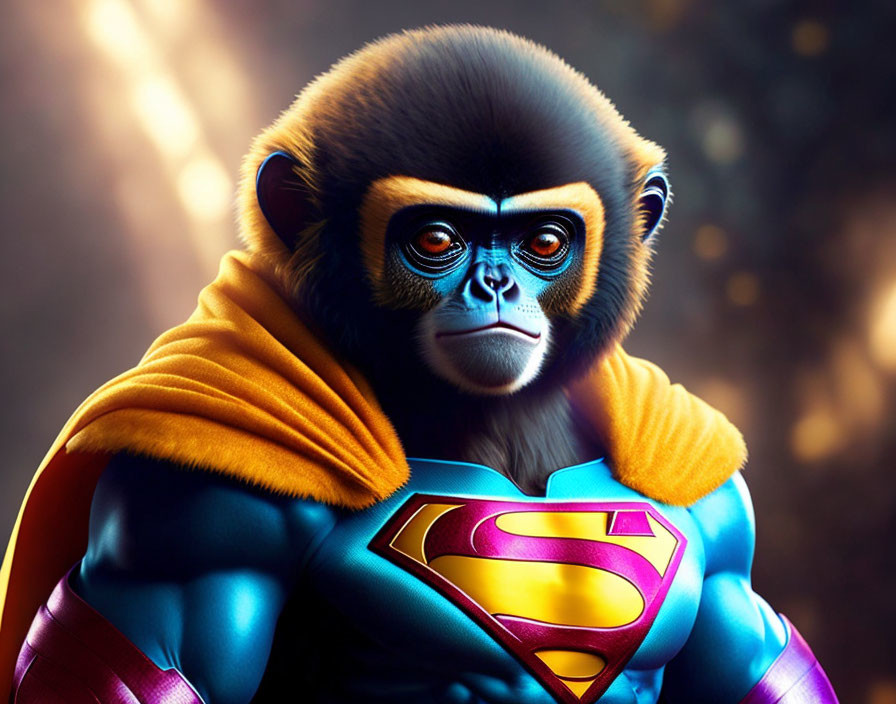 Detailed Superman-stylized monkey digital artwork with expressive face and cinematic background