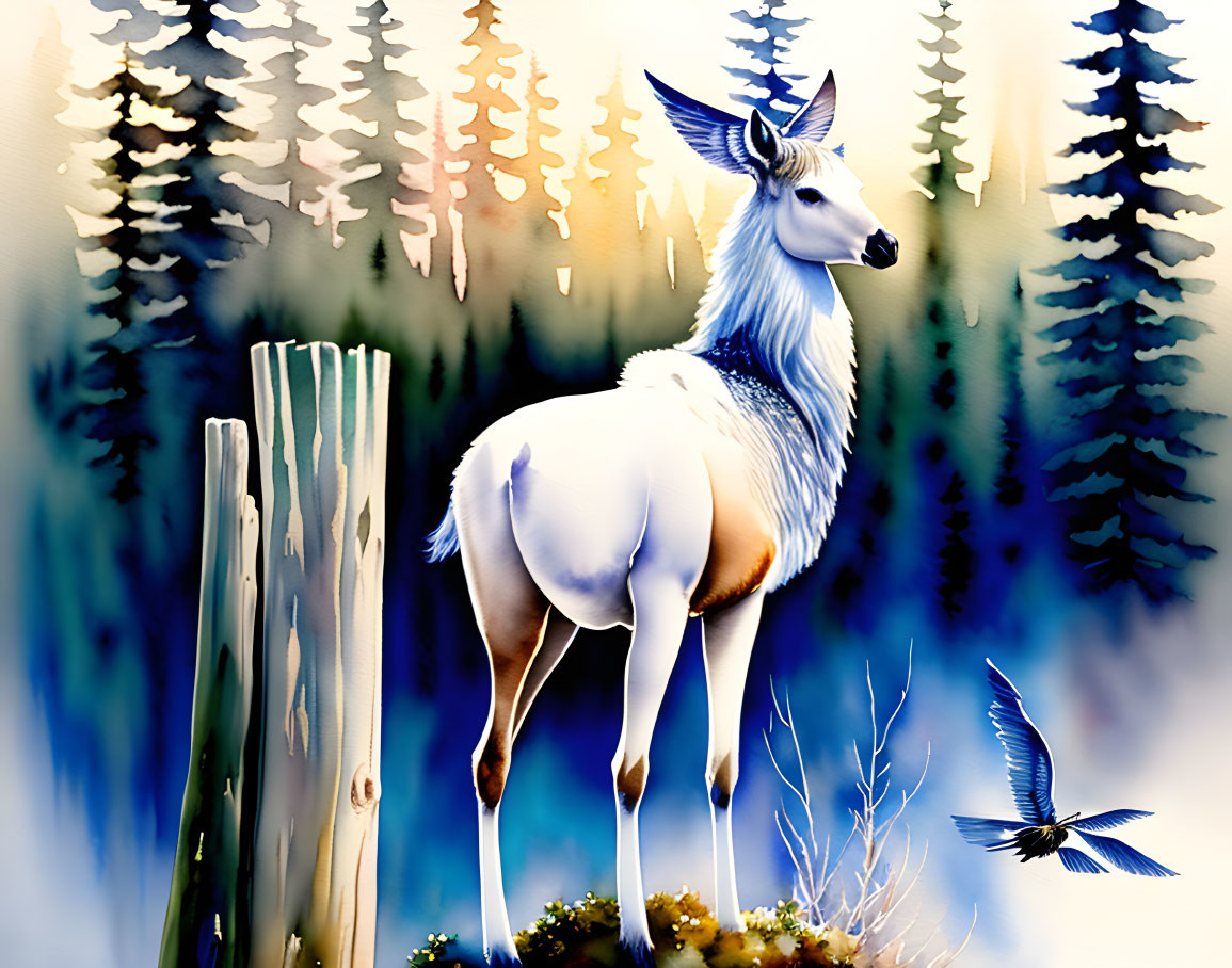 Stylized white deer with blue accents in forest setting