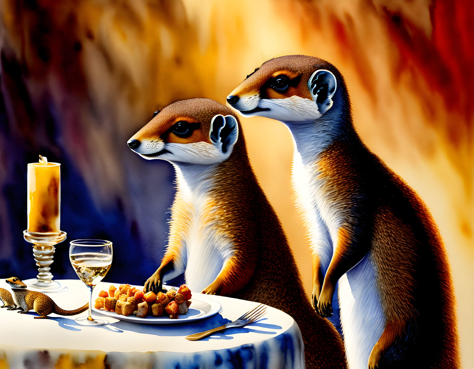 Two meerkats dining at table with food, candle, and glass, against fiery backdrop