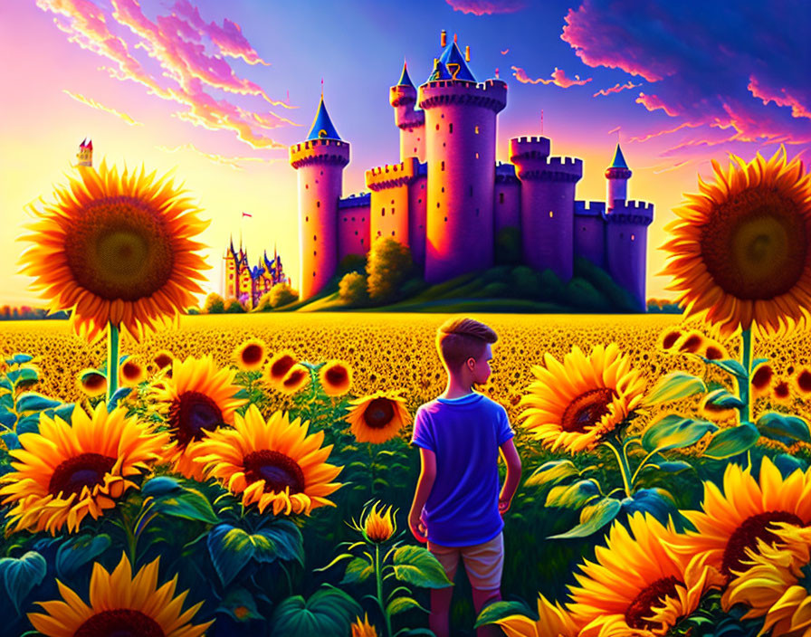 Boy in Sunflower Field with Castle and Sunset Sky