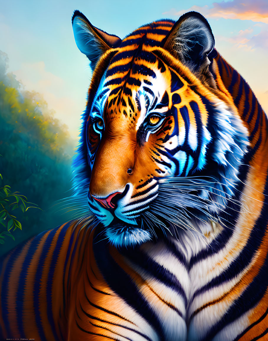 Colorful Tiger Illustration Against Nature Background