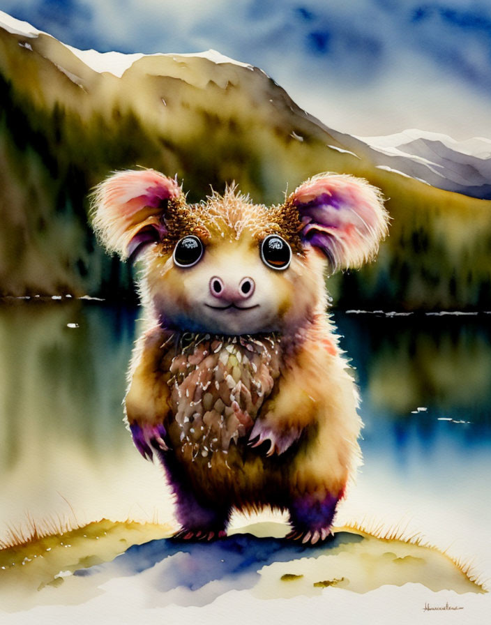 Fluffy creature with large eyes and ears in serene mountain landscape