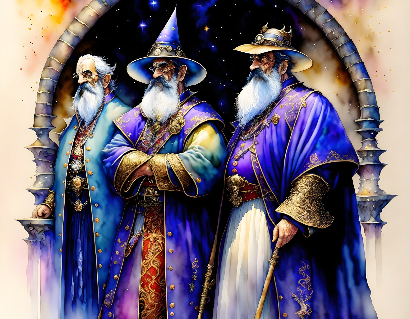 Three wizards in ornate robes with beards and staffs in front of starry backdrop.