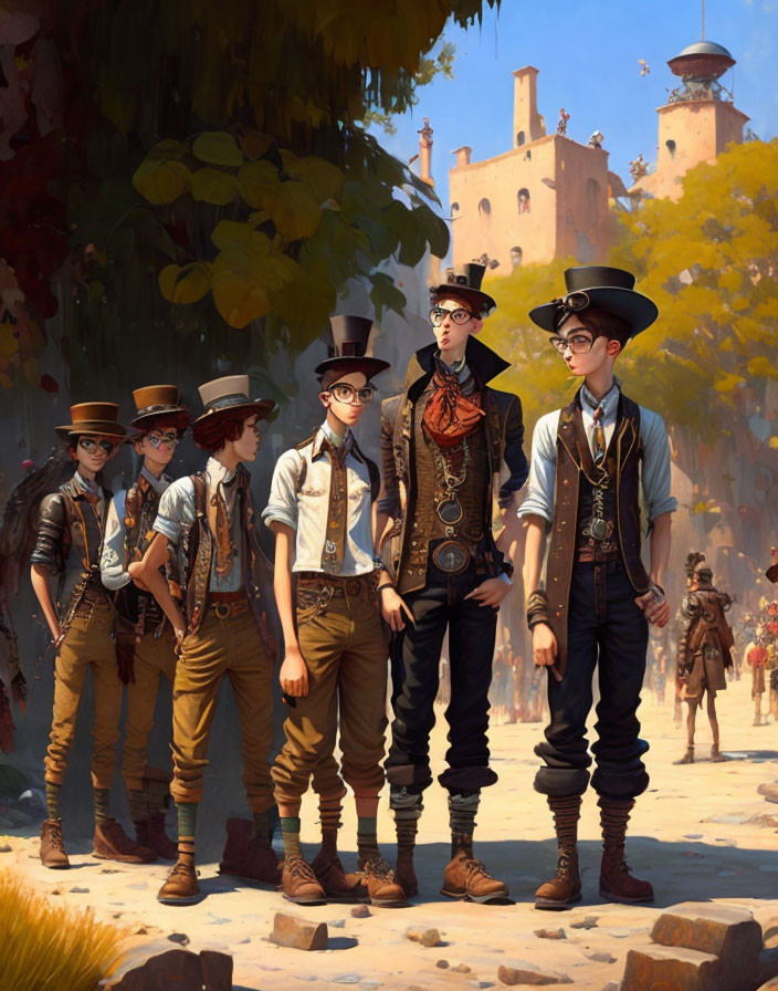 Animated Steampunk Adventurers in Forest Cityscape