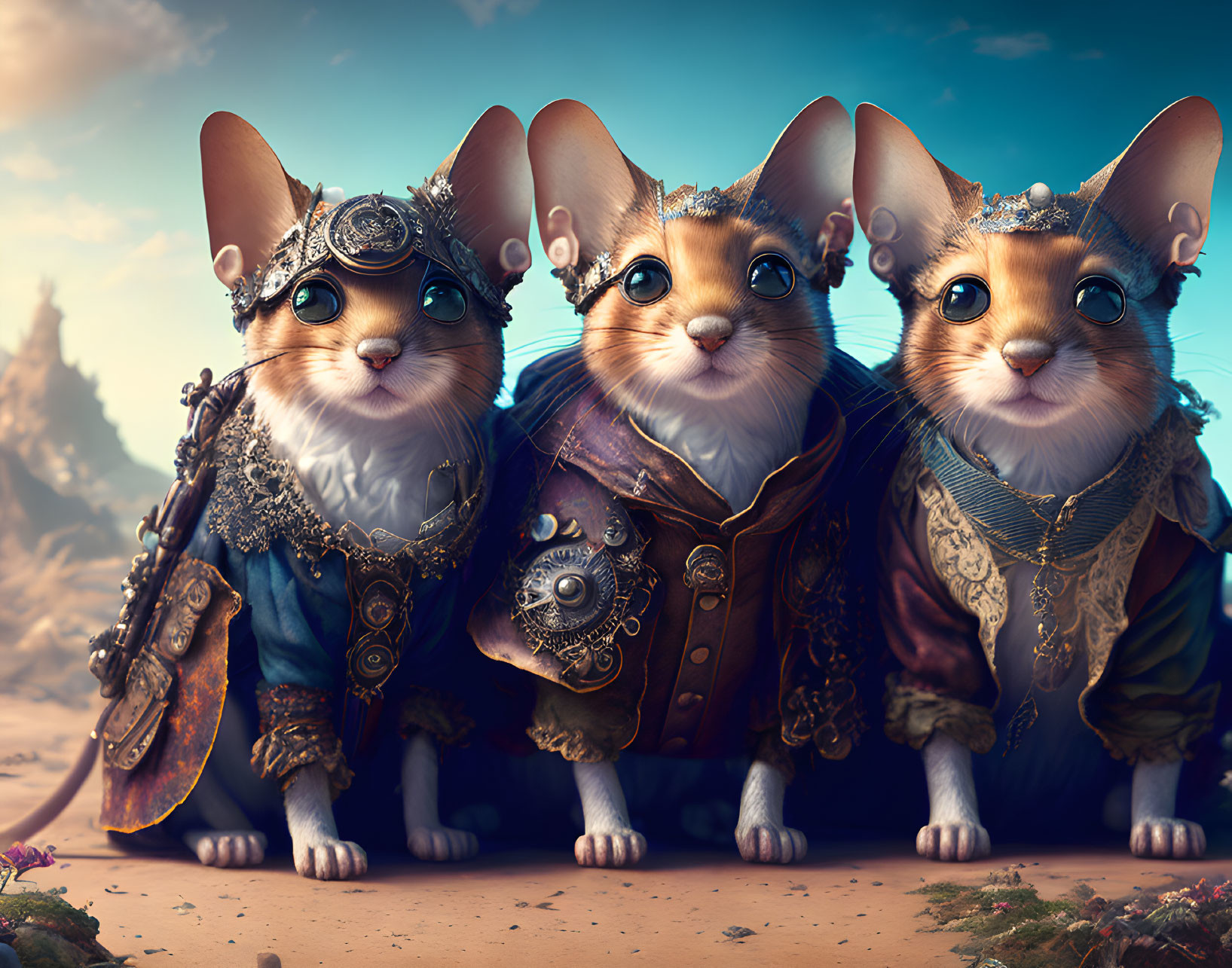 Whimsical anthropomorphic mice in medieval attire on fantasy backdrop