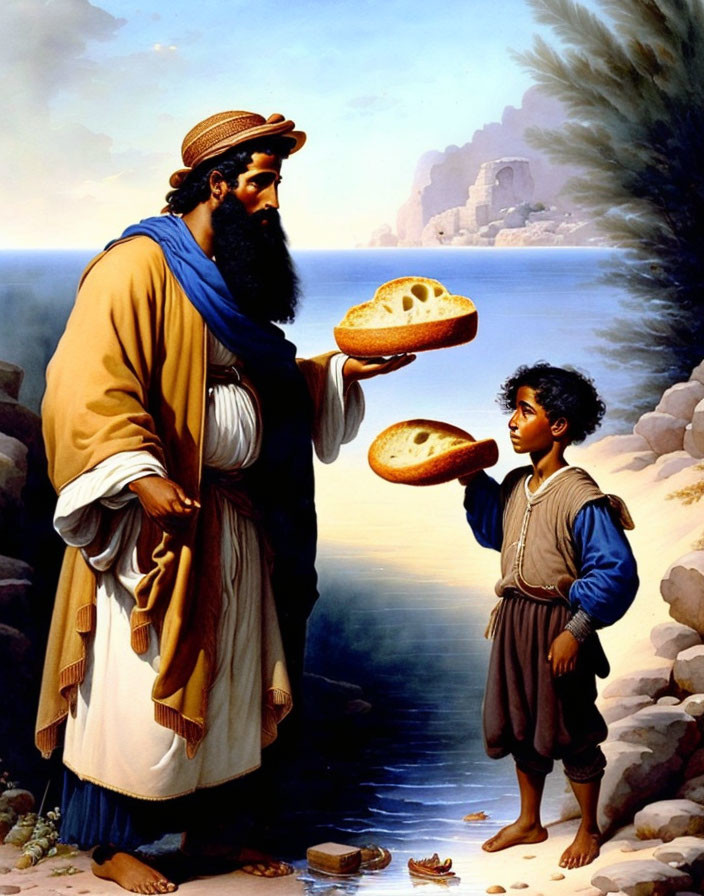 Seaside painting: adult man offering bread to young boy