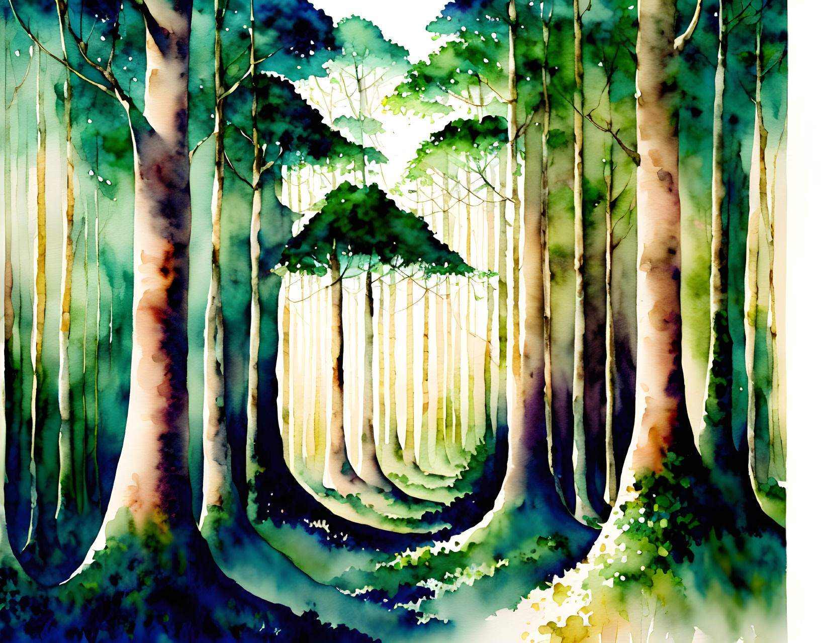 Dense, Enchanting Forest Watercolor Painting