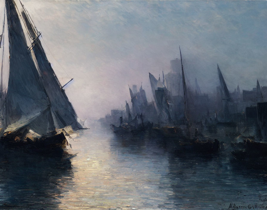 Impressionist painting of sailboats on calm waters with hazy cityscape