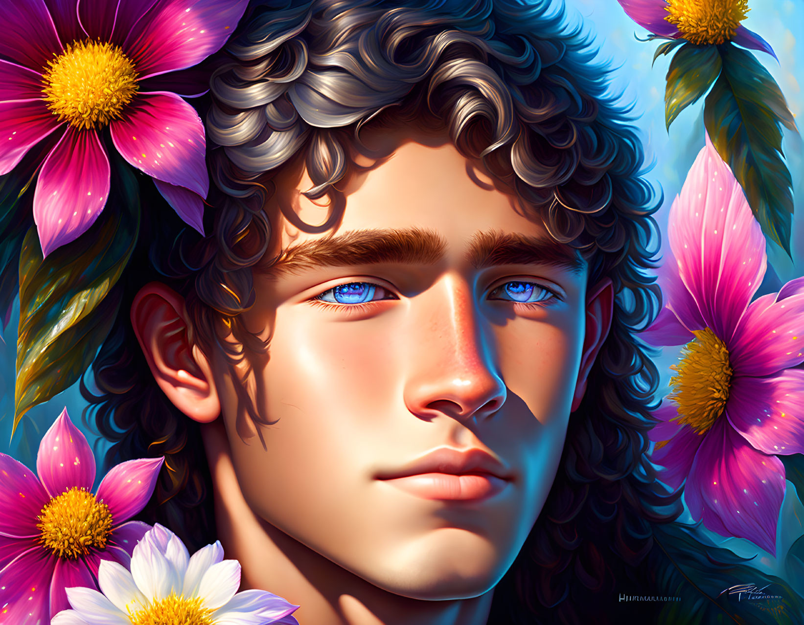 Portrait of person with curly hair and blue eyes among vibrant flowers under blue sky