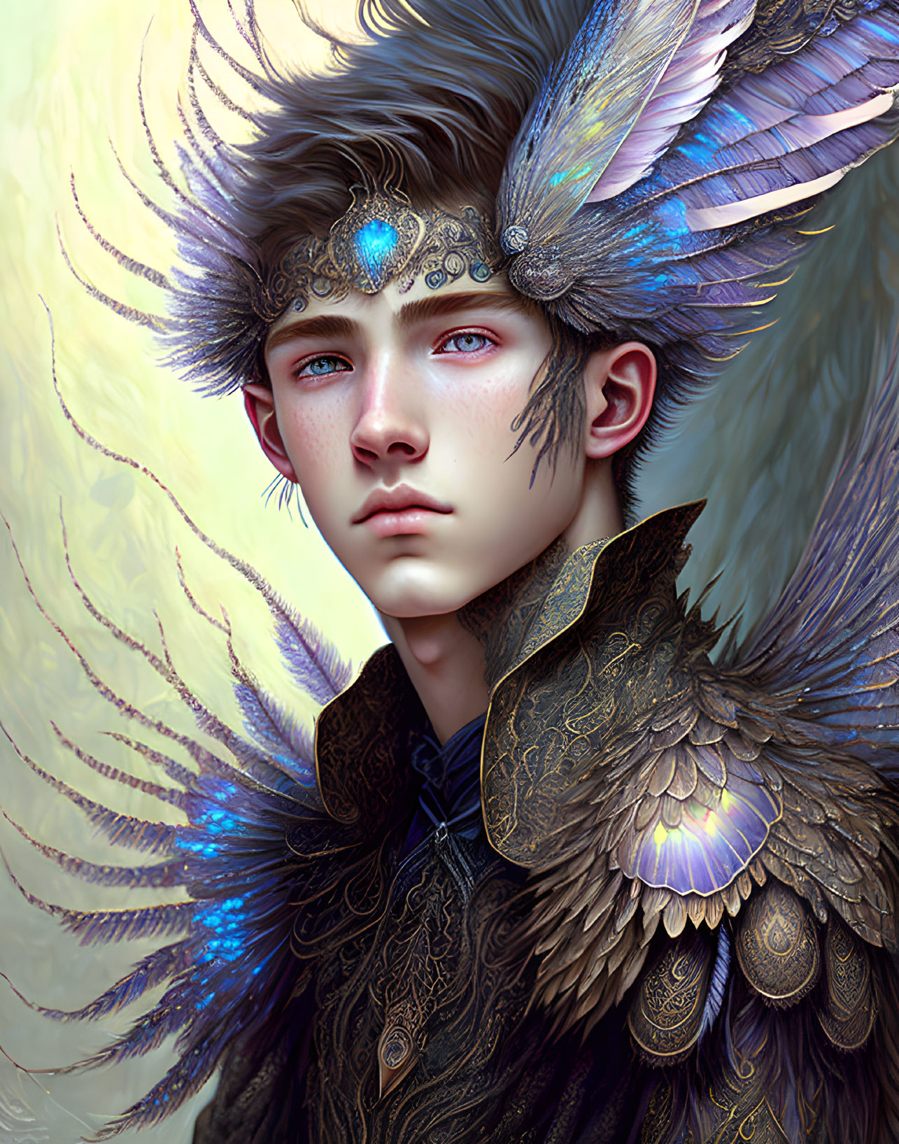 Ethereal being with blue eyes, feathered headpiece, and shimmering armor