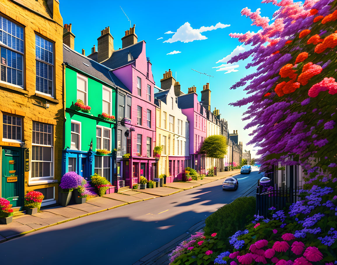 Vibrant multi-colored townhouses on colorful street with flowering trees