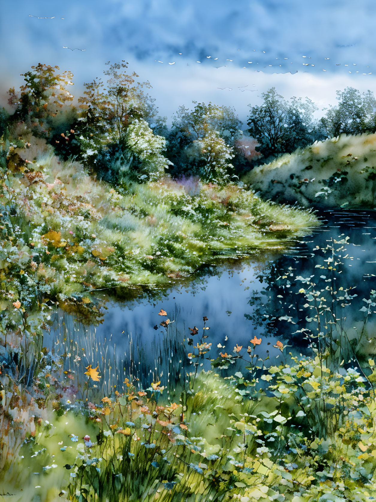 Tranquil riverbank watercolor painting with lush vegetation