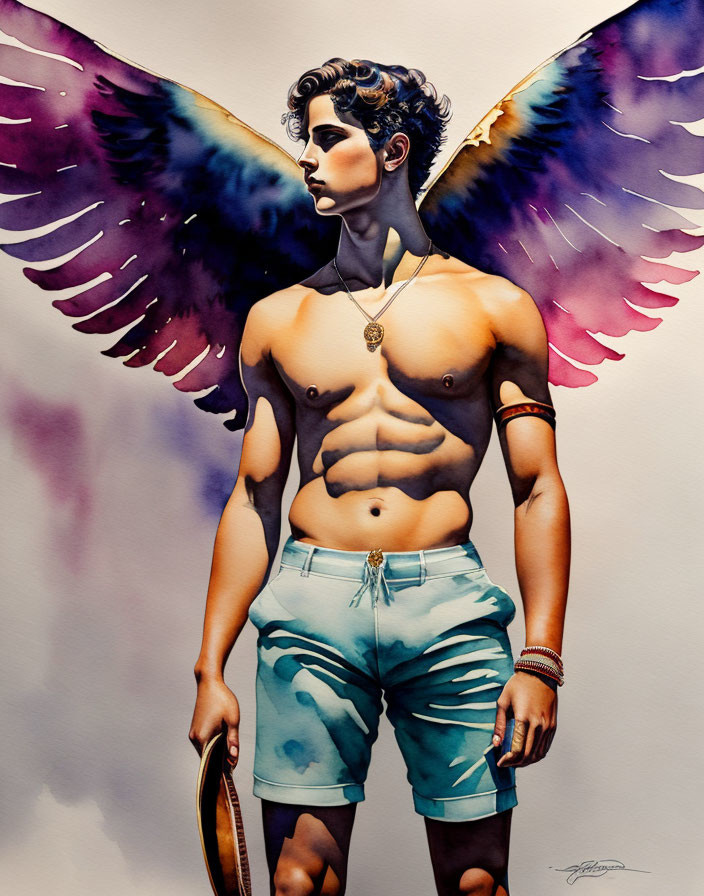 Shirtless male figure with colorful angel wings and shield in classical style