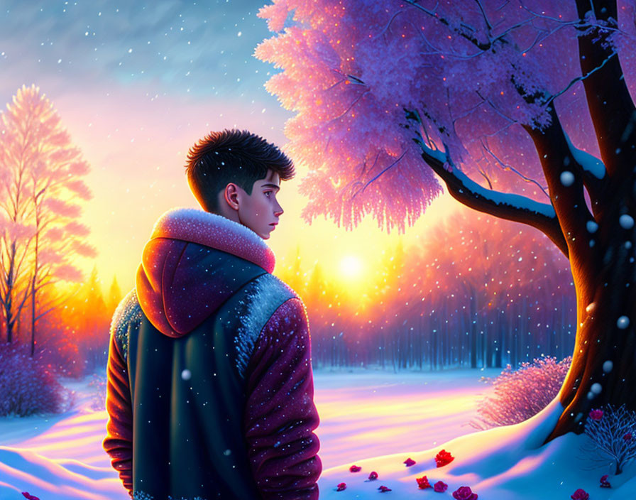 Person in warm jacket admiring snowy sunset under pink-leaved tree