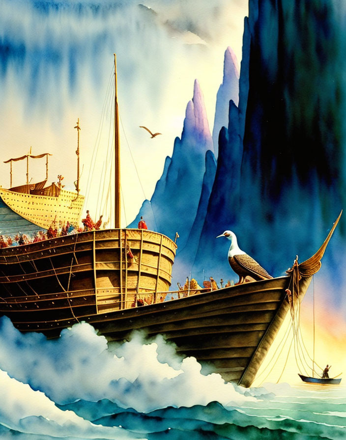 Ancient wooden ship at sea with seagull, cliffs, and dramatic sky