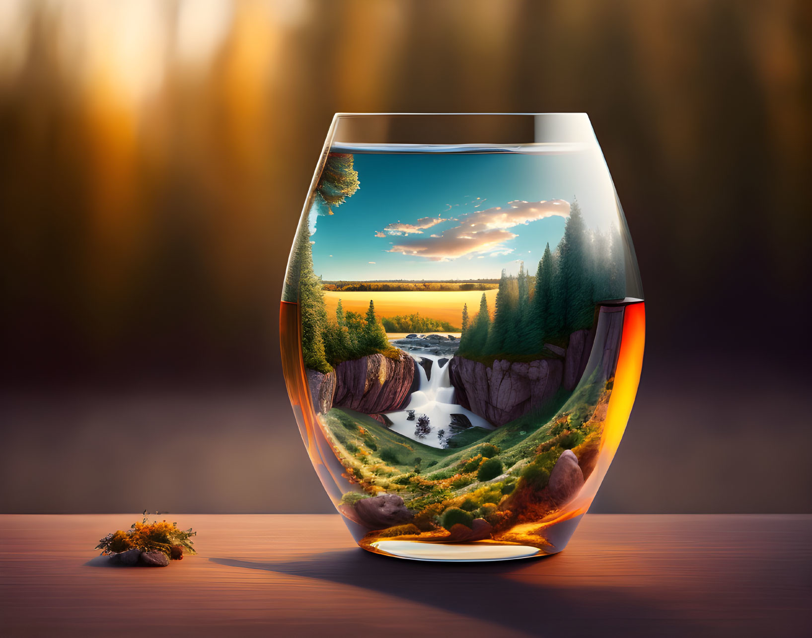 Surreal fishbowl with landscape, waterfalls, trees, sunset sky, on wooden surface