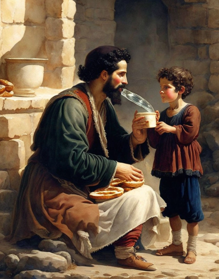 Traditional Attire Man Blowing Glass Vessel with Child Watching