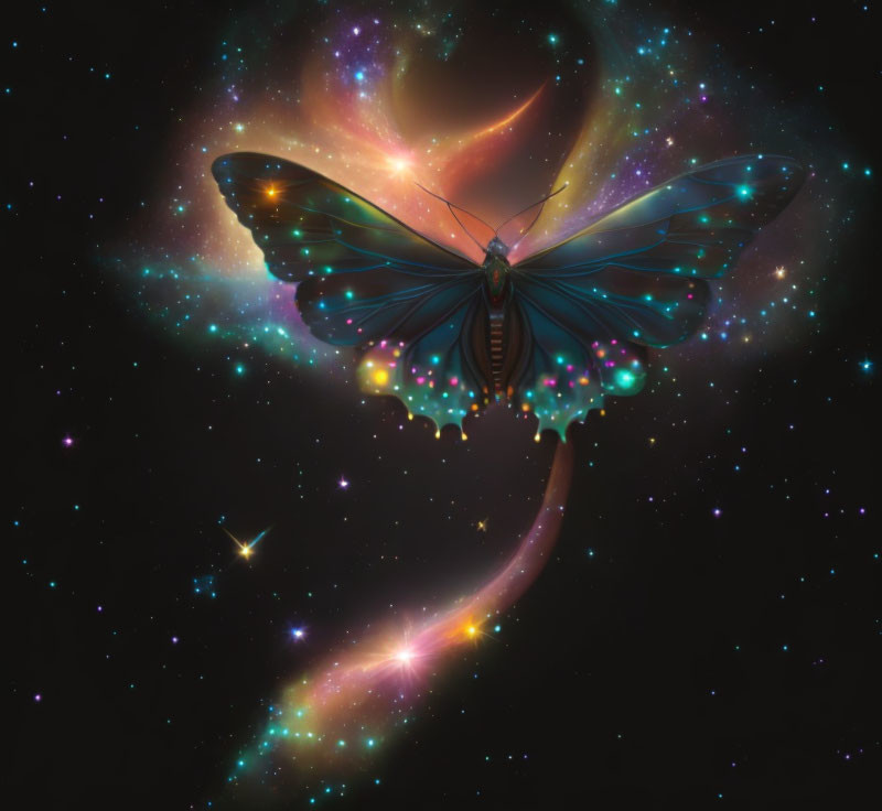 Colorful Butterfly against Celestial Galaxy Background